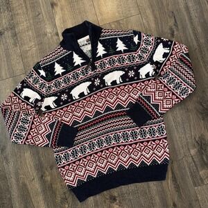Aspen Men's 1/4 Zip Novelty Sweater Sz L Fair Isle Polar Bear Winter Grandpa